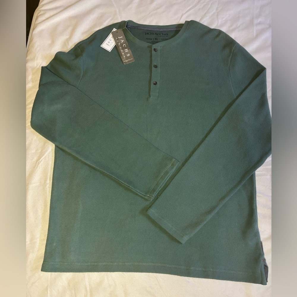 JACHS New York Men's XL Henley Shirt Sage Green Waffle Knit Long Sleeve NWT